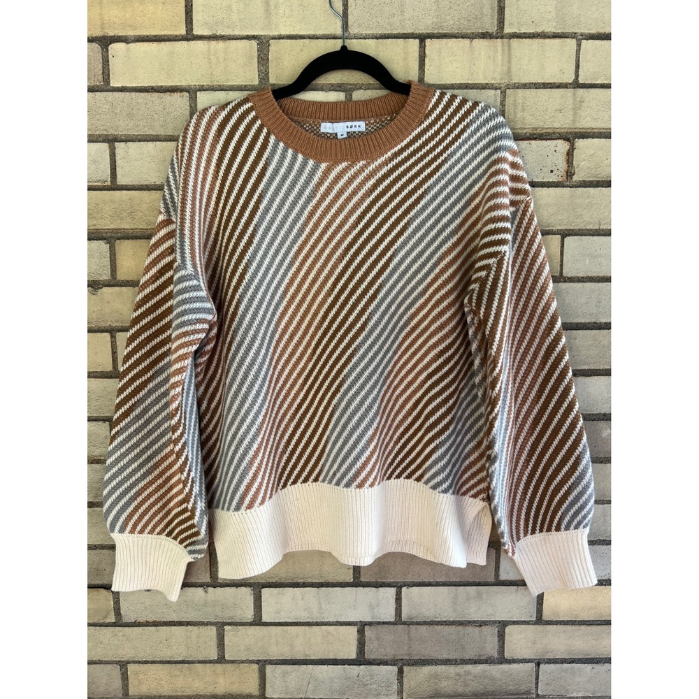 Baltic Born Brown Gray White Diagonal Stripe Knit Fall Sweater Size Medium